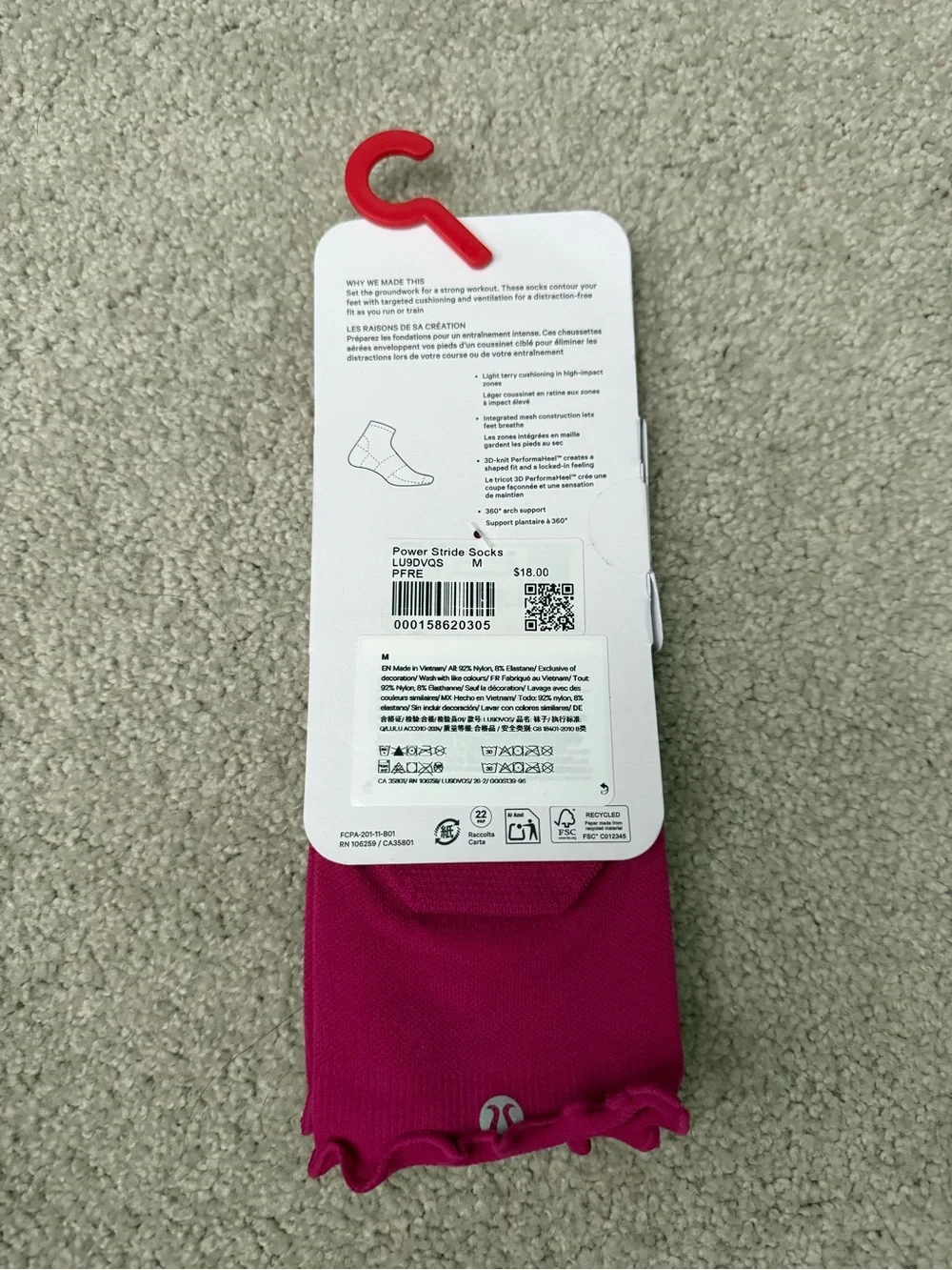 NWT Lululemon Women's Power Stride Lettuce Edge Ankle Socks sz Med in Pink Flare